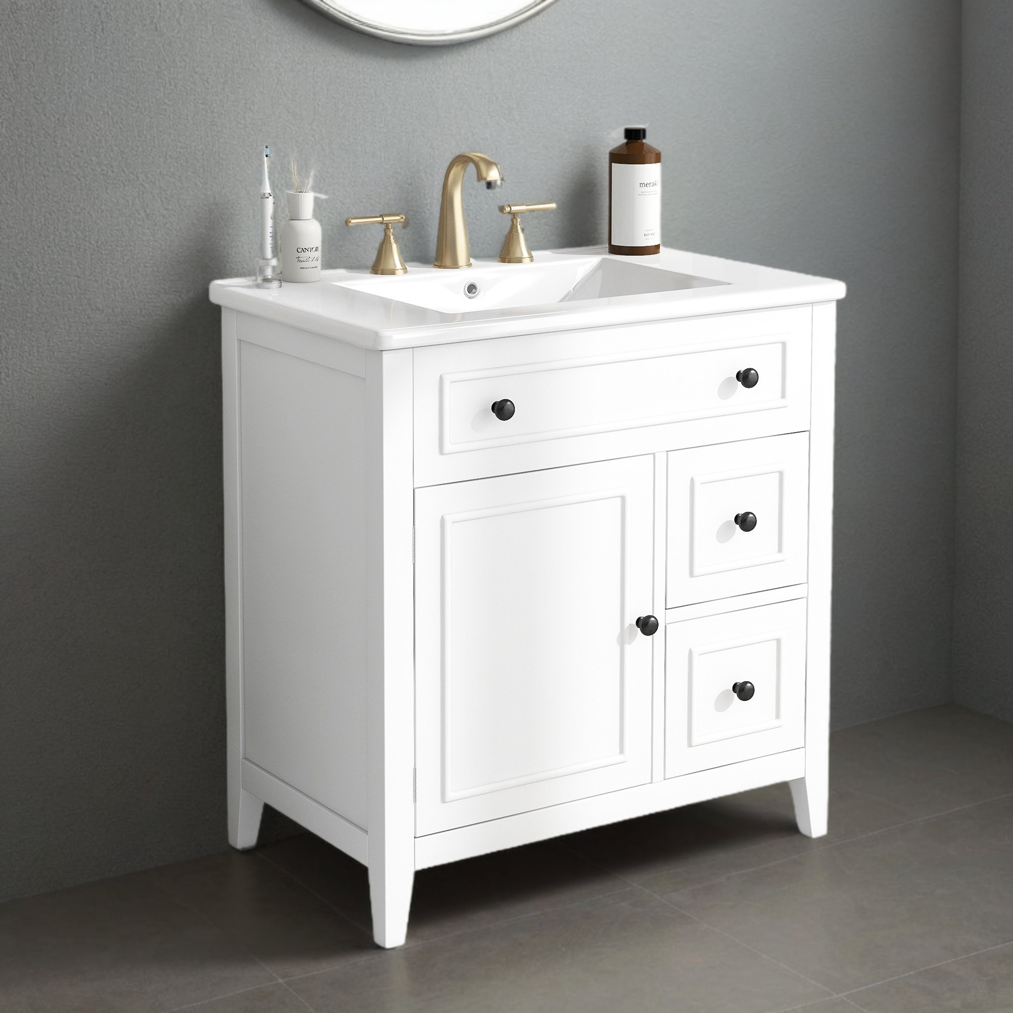 Logmey 30" x 18" Bathroom Vanity Solid Wood Frame Vanity Cabinet with Two Drawers(Include Sink ...